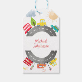 Etiqueta Para Presente Na estrada veículos felizes, aniversário do garoto