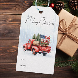 Etiqueta Para Presente Natais vintages Red Truck Patriotic USA Flag