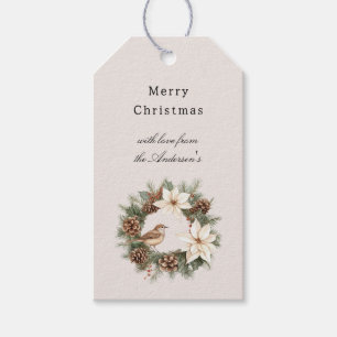 Etiqueta Para Presente Natal Aconchegante Poinsettia Pinheiros Pássaro