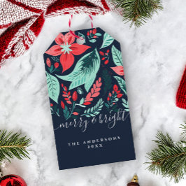 Etiqueta Para Presente Natal Botânico Vermelho Floral Azul Feriado