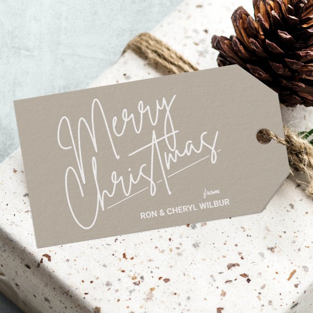 Etiqueta Para Presente Natal Branco Feliz (White Script Merry Christmas Tan Gift Tags)