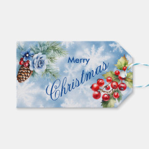 Etiqueta Para Presente Natal Branco Flocos de Neve e Folhas de Azevinho