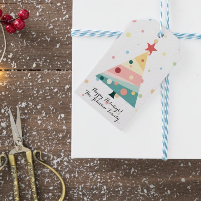 Etiqueta Para Presente Natal Caprichoso de Pontos Pastéis (Pastel color polka dot Christmas tree package tag)