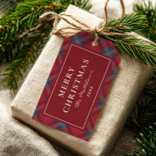 Etiqueta Para Presente Natal Clássico em Xadrez Vermelho e Azul-Marinho