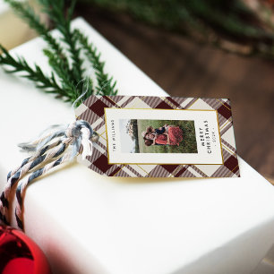 Etiqueta Para Presente Natal da Xadrez de Tartan Vermelho bege e escuro