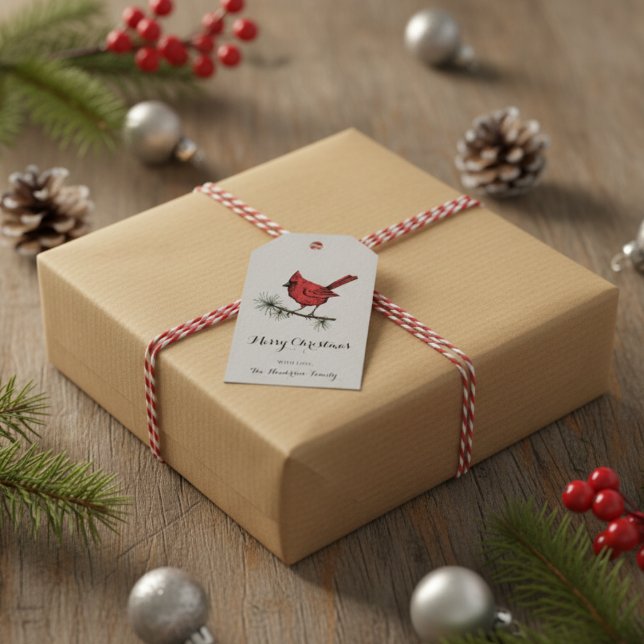 Etiqueta Para Presente Natal das Cinzas Cardinais (Elegant Red Cardinal Gift Tags. Cute Cardinal Bird on Pine Tree Branch. Merry Christmas Text on Gray)