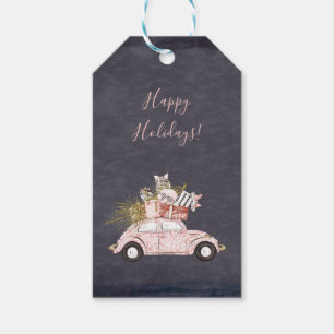 Etiqueta Para Presente Natal de Natal de Quadrado Preto de Carro Rosa Mod