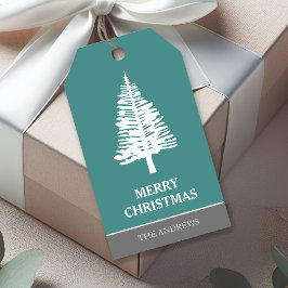 Etiqueta Para Presente Natal de Pinheiro Branco e Azul Turquesa