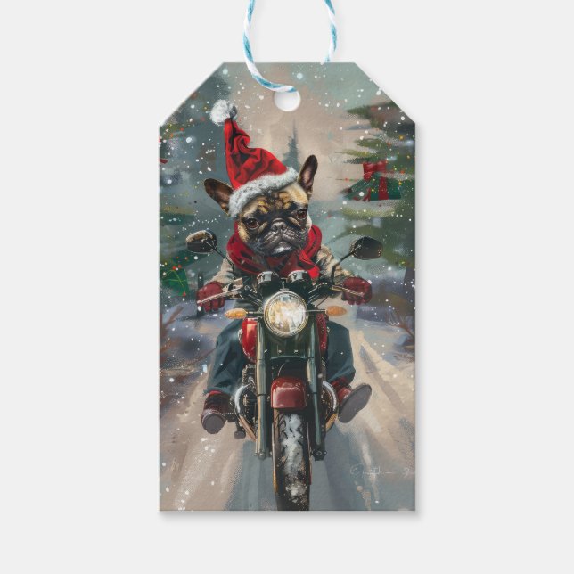 Etiqueta Para Presente Natal do Buldogue Francês Andando Motocicleta (Frente)