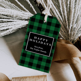 Etiqueta Para Presente Natal do Padrão de Xadrez de Buffalo Verde