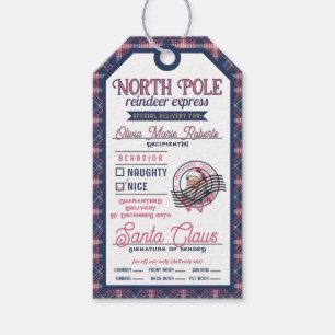 Etiqueta Para Presente Natal do Polo Norte Rosa e Xadrez Azul