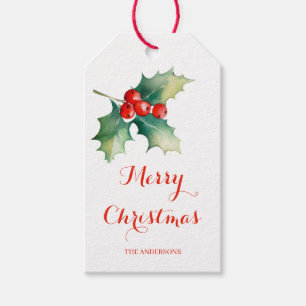 Etiqueta Para Presente Natal Elegantes Folhas de Azevinho em Aquarela