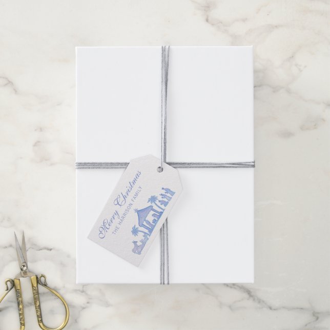 Etiqueta Para Presente Natal em Aquarela Azul (Com cordão)