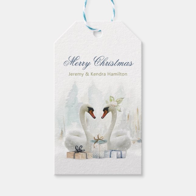 Etiqueta Para Presente Natal Feliz Cisnes Elegantes (Frente)