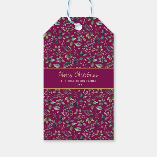 Etiqueta Para Presente Natal Festivo Burgundy Floral (Frente)