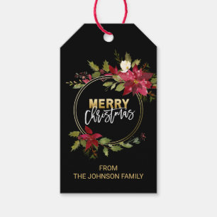 Etiqueta Para Presente Natal floral da poinsétia da aguarela Dourado