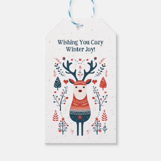 Etiqueta Para Presente Natal Hygge Cozy Winter Joy Deer Design (Frente)