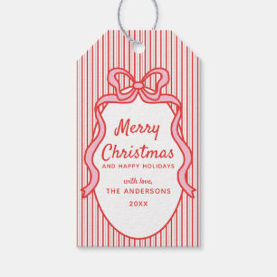 Etiqueta Para Presente Natal Moldura de Listras e Laço Rosa Vermelho Clás