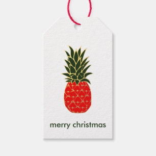 Etiqueta Para Presente Natal tropical verde e Dourado vermelho do abacaxi
