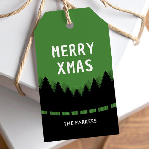 Etiqueta Para Presente Natal verde e preto retrô com árvores de pinheiro