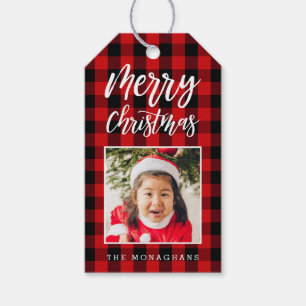 Etiqueta Para Presente Natal vermelho da foto da xadrez