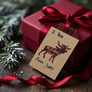 Etiqueta Para Presente Natal vermelho dos alces da xadrez do búfalo do