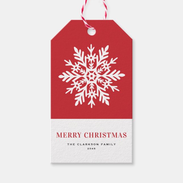 Etiqueta Para Presente Natal Vermelho Floco de Neve Branco Caprichoso (Frente)