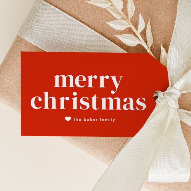 Etiqueta Para Presente Natal Vermelho Moderno (Modern Merry Christmas gift tags with colorful stripe backer.)