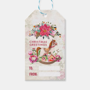 Etiqueta Para Presente Natal Vitoriano do Cavalo Rocking e Poinsettia