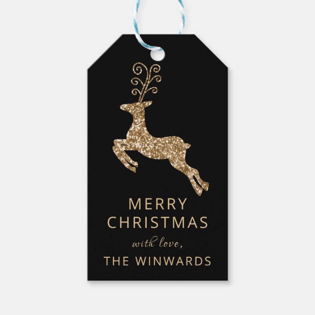 Etiqueta Para Presente Negra Natal Feriada e Reindeer Glitter Dourado (Frente)