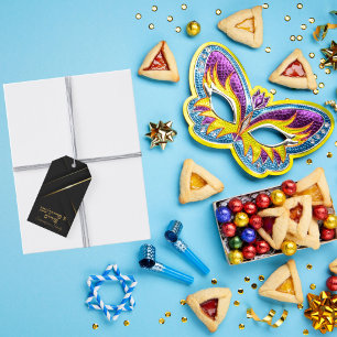 Etiqueta Para Presente Negro clássico e Dourado A Freilichen Purim