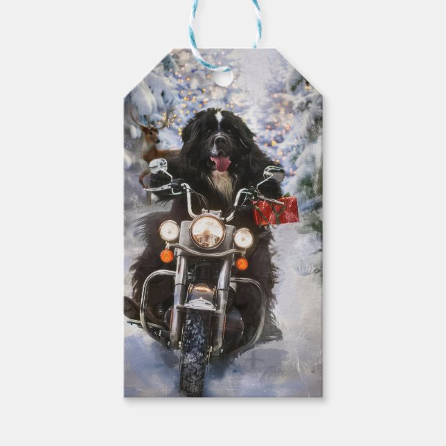 Etiqueta Para Presente Newland Dog Riding Motorcycle Christmas (Frente)