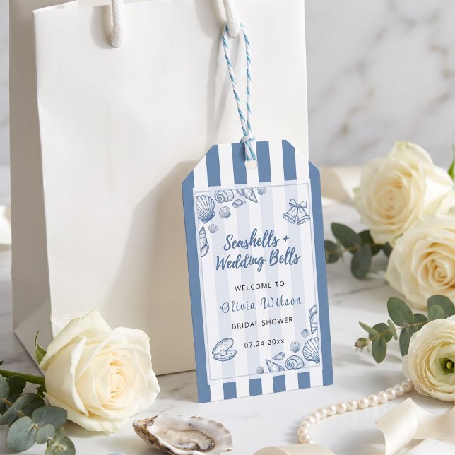 Etiqueta Para Presente Noiva Concha Azul Náutico Personalizado (Seashell Bridal Shower Blue Nautical Custom Gift Tags)