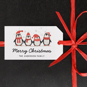 Etiqueta Para Presente Nome da Família de Script de Natal Merry Penguin