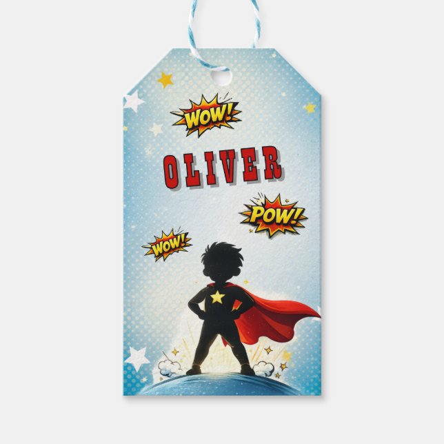 Etiqueta Para Presente Nome do Menino Super-Herói no Estilo de Quadrinhos (Frente)