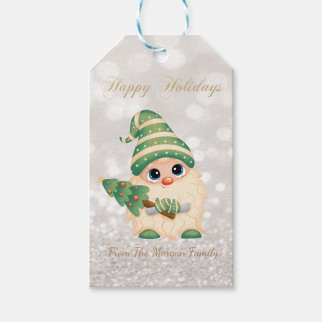 Etiqueta Para Presente Nórdico Gnome Pine Tree Glitter Bokeh (Frente)