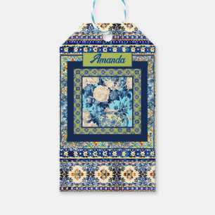 Etiqueta Para Presente Nota de monograma elegante de azulejo azul floral