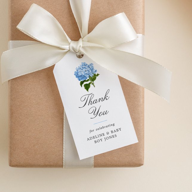 Etiqueta Para Presente Obrigado Elegante de Chuveiro de Bebê Hortênsia Az (paper baby shower favor gift tag with elegant fonts and blue hydrangea blossom)