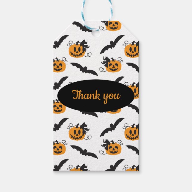 Etiqueta Para Presente Obrigado Halloween Pumpkin Bat Patterno Laranja (Frente)