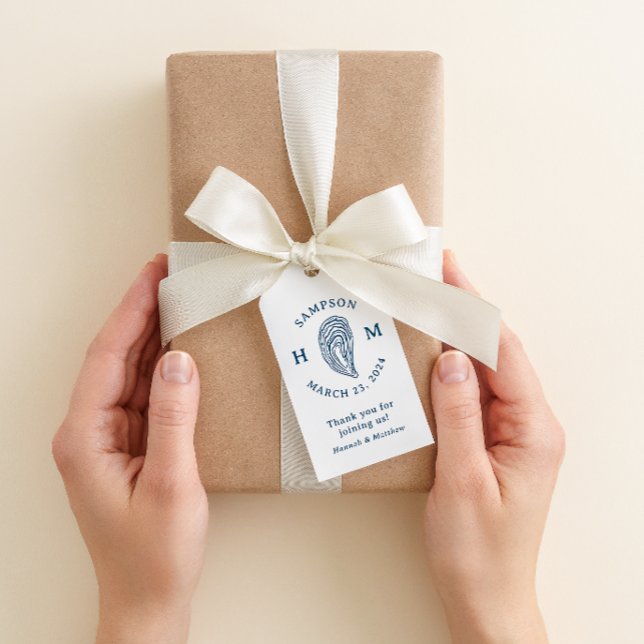 Etiqueta Para Presente Obrigado Monograma de Concha de Ostra Náutica (east coast couple wedding monogram oyster shell favor gift tag)