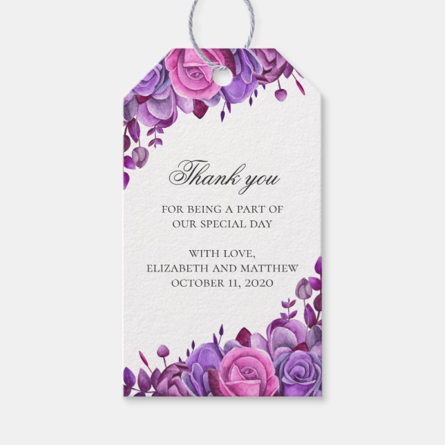 Etiqueta Para Presente Obrigado pelo casamento floral. Flores rosa e roxo (Frente)