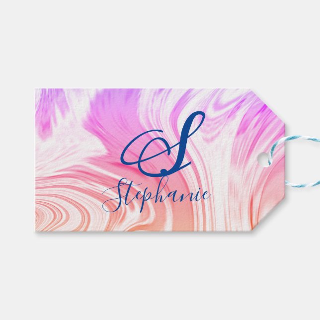 Etiqueta Para Presente Onda Abstrata Rosa Branca Monogramas Fofo (Frente (horizontal))