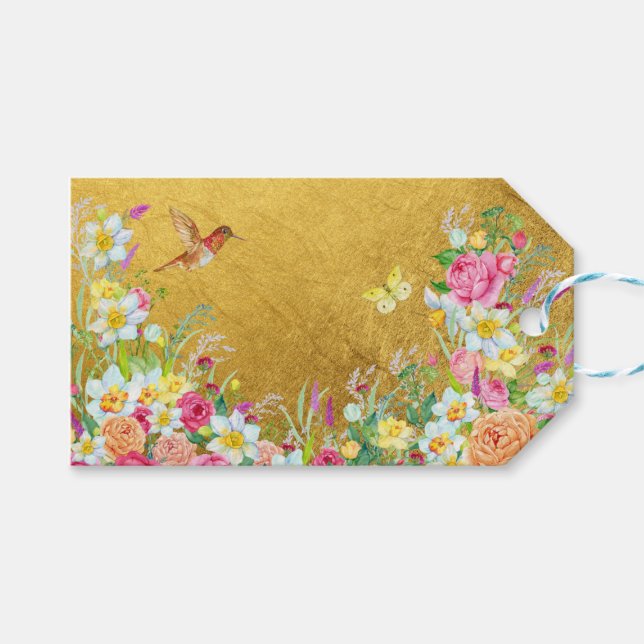 Etiqueta Para Presente Opulence Gold Floral Hummingbird (Frente (horizontal))