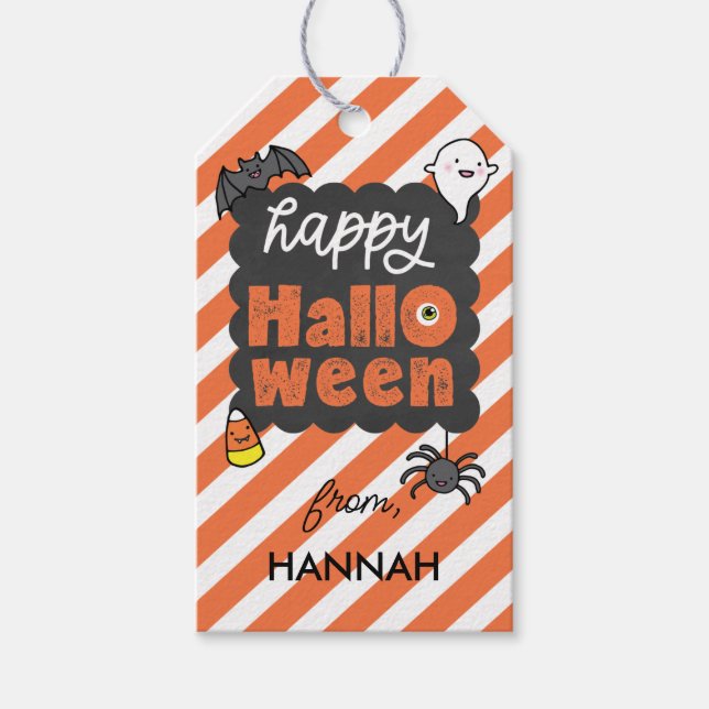 Etiqueta Para Presente Orange Stripe Happy Halloween Kids Treine (Frente)