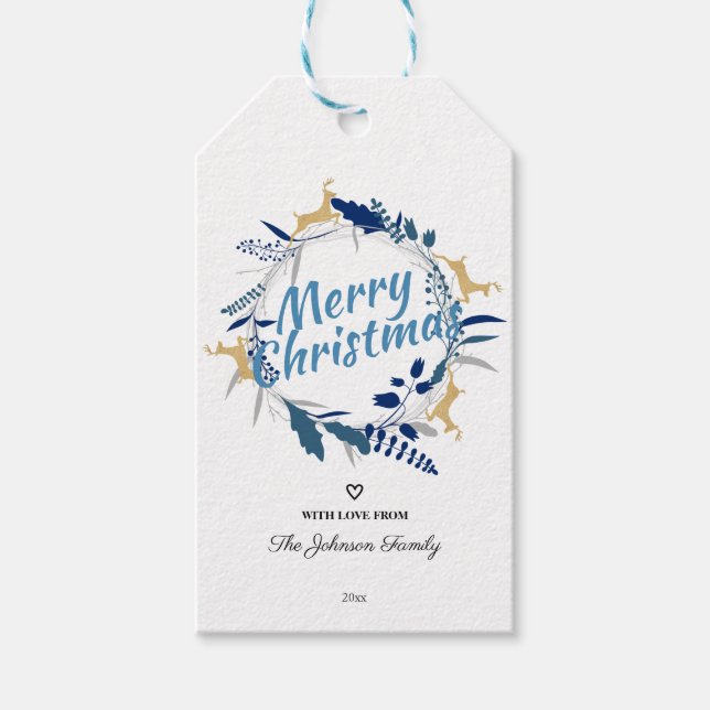 Etiqueta Para Presente Ouro Elegante Reindeer Floral de Natal (Frente)