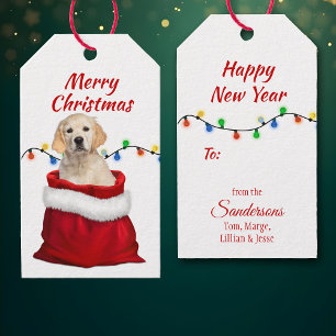 Etiqueta Para Presente Ouro Retriever Puppy no saco do Papai noel