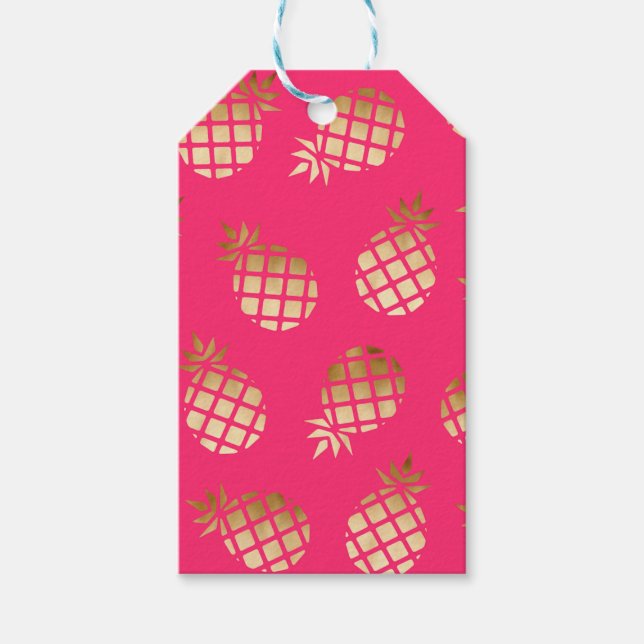 Etiqueta Para Presente Ouro tropical de Verão e abacaxi rosa (Frente)