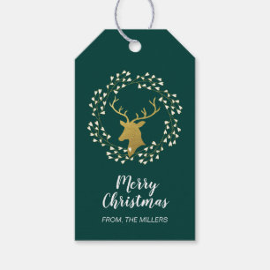 Etiqueta Para Presente Ouro & Verde   Veado Moderno Feliz Natal
