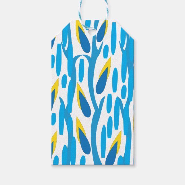 Etiqueta Para Presente Padrão abstrato Azul de Folhas Amarelas (Frente)