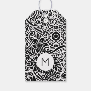 Etiqueta Para Presente Padrão Branco Preto Floral Moderno